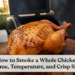 Smoked whole chicken with crisp golden skin resting on a wooden board beside a backyard smoker