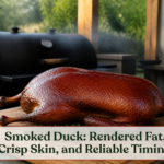 Whole smoked duck with mahogany skin on a wooden board beside an outdoor smoker