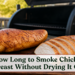 Smoked chicken breasts, one sliced to show moist white meat, on a board beside a backyard smoker