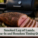 Sliced smoked leg of lamb with herb crust on a wooden board beside a backyard smoker