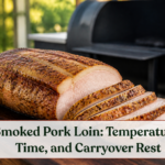 Sliced smoked pork loin roast with browned herb crust on a board beside a backyard smoker