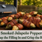 Bacon-wrapped smoked jalapeño poppers with browned filling arranged on a dark serving board beside an outdoor smoker