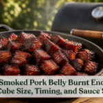 Glossy smoked pork belly burnt ends with dark caramelized edges in a shallow black pan beside a backyard smoker