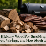 Hickory wood chunks and split logs beside sliced smoked beef and pork on a rustic outdoor prep table