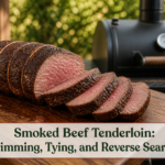 Sliced smoked beef tenderloin with a dark seared crust on a wooden board beside an outdoor smoker