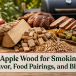Apple wood chunks, chips, and split logs beside smoked chicken, pork, and vegetables on an outdoor table