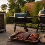 Three beginner-friendly electric, pellet and charcoal smokers on a backyard patio with ribs, chicken and a digital thermometer