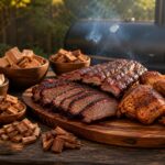 Bowls of smoking wood chunks beside smoked brisket, ribs, chicken, and salmon