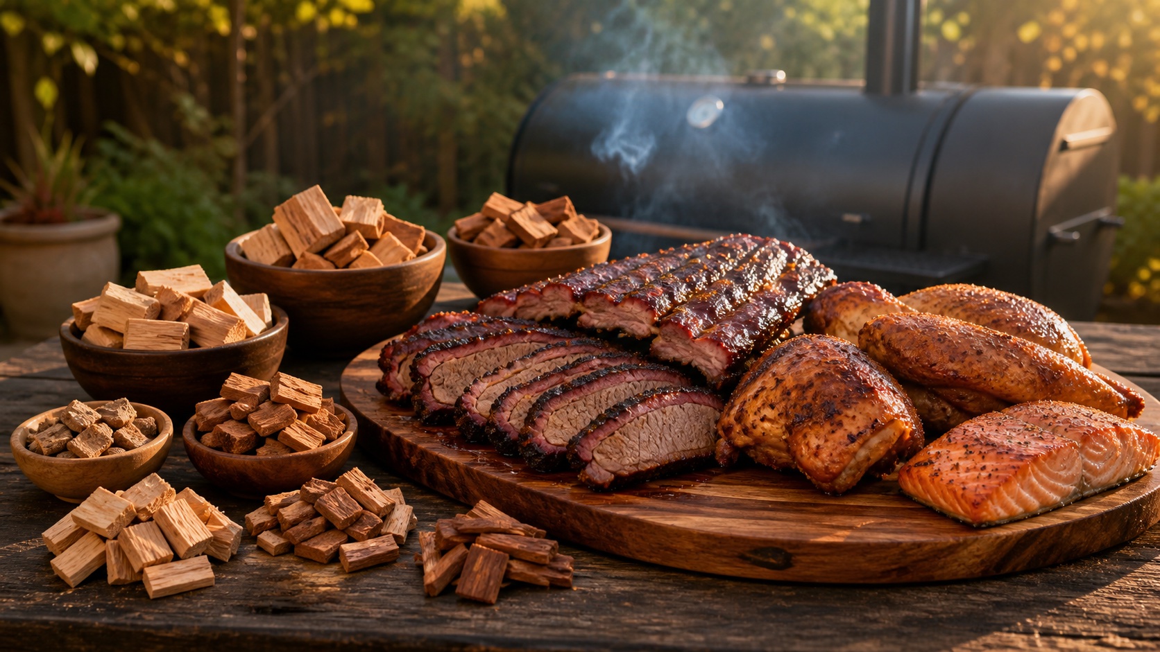 Bowls of smoking wood chunks beside smoked brisket, ribs, chicken, and salmon
