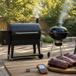 Three vertical outdoor smokers showing electric, pellet, and charcoal styles on a backyard patio