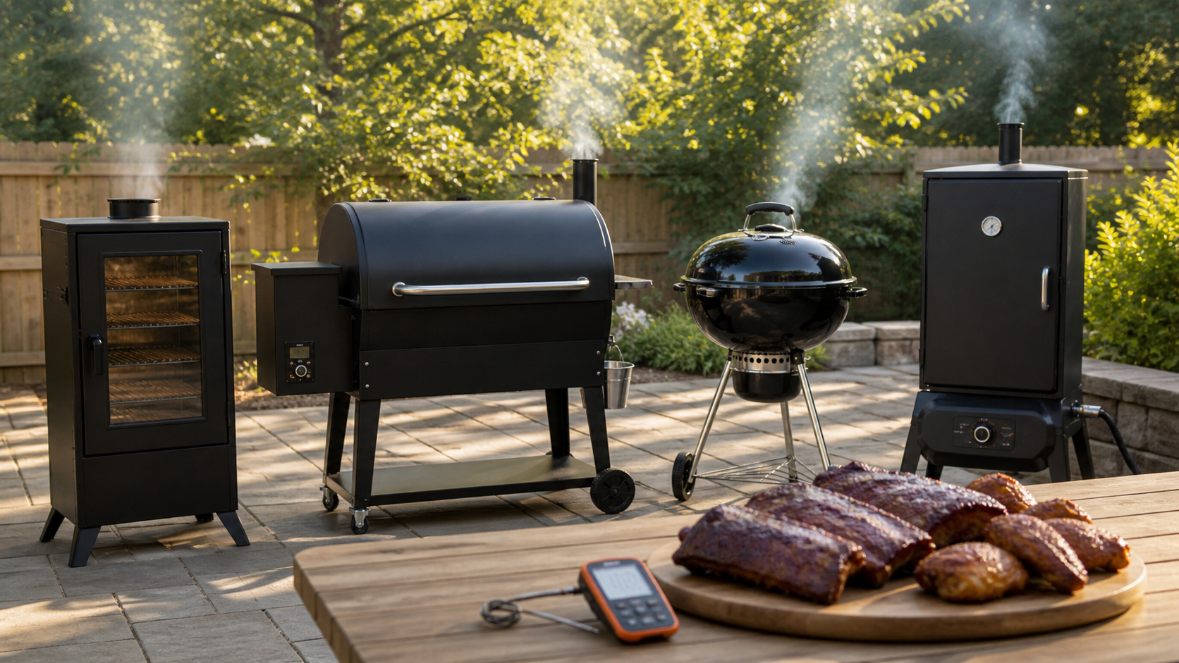 Electric, pellet, charcoal and propane smokers arranged for a backyard cooking comparison