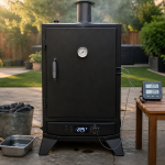 A vertical smoker holding steady at 225 degrees Fahrenheit with a grate probe and charcoal ready
