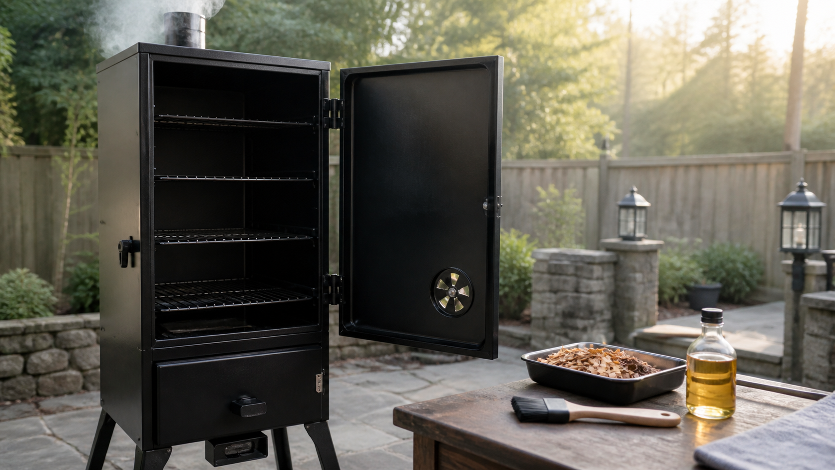 A clean new vertical smoker with oil, a brush and wood chips ready for the first seasoning burn