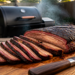Sliced smoked brisket with a dark bark and pink smoke ring on a cutting board beside a backyard smoker