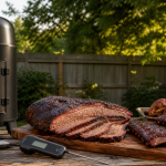 Smoker with brisket, ribs, chicken and a digital meat thermometer for a smoking times and temperatures guide