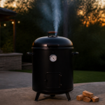 A backyard smoker producing a faint blue-gray stream of clean smoke during a low-and-slow cook