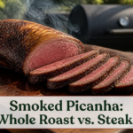 Sliced smoked picanha with a browned fat cap on a wooden board beside a backyard smoker