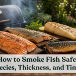 Assorted hot-smoked salmon, trout, cod, and mackerel fillets on boards beside an outdoor smoker