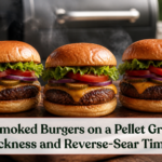 Thick smoked cheeseburgers with browned crusts on a wooden board beside a pellet grill