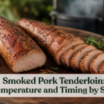 Sliced smoked pork tenderloin with a browned herb crust on a board beside an outdoor smoker