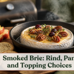 Warm smoked brie in a small cast-iron pan with honey, pecans, and fruit beside a backyard smoker