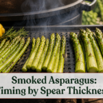 Smoked asparagus spears arranged by thickness on a grill tray beside an outdoor smoker