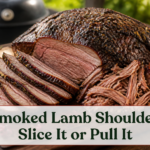Smoked lamb shoulder shown as clean slices and a separate pull-apart portion beside a backyard smoker