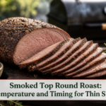 Thinly sliced smoked top round roast with a browned crust on a carving board beside a smoker