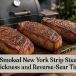 Whole reverse-seared New York strip steaks with browned crusts and intact fat edges beside a smoker