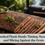 Smoked flank steak sliced thinly across its visible grain on a board beside a backyard smoker