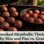 Equal-size smoked meatballs shown on a grill grate and in a sauced cast-iron pan beside a smoker