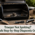 Clean pellet grill firepot, dry pellets, power cord, and diagnostic checklist beside a Traeger-style grill