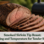 Thinly sliced smoked sirloin tip roast with a browned herb crust on a carving board by a smoker