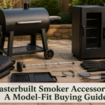 Masterbuilt-style Gravity Series and vertical electric smokers with fitted cover, probe, rotisserie, griddle, and grill tools