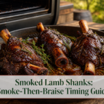 Tender smoked lamb shanks in a shallow braising pan with herbs and dark sauce beside a smoker
