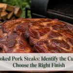 Smoked pork blade steaks with a browned barbecue glaze on a platter near a smoker