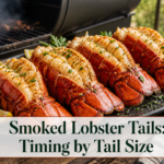 Smoked lobster tails with opaque white meat, red shells, lemon, and herbs on a platter beside a smoker