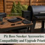 Pellet grill workstation with cover, thermometer, folding shelf, griddle insert, and organized cooking tools without visible logos