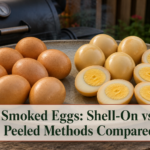 Smoked hard-cooked eggs shown both in browned shells and peeled halves with firm yolks beside a smoker