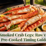 Fully heated smoked king crab legs with split shells, opaque white meat, lemon, and butter beside a smoker