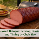 Sliced glazed smoked bologna chub with shallow diamond scoring on a sandwich board beside a smoker