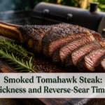 Fully cooked smoked tomahawk ribeye with a long clean bone, seared crust, and carved slices beside a smoker