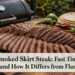 Thin sliced smoked skirt steak with seared edges and visible across-grain cuts beside a smoker
