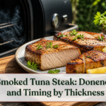 Fully cooked hot-smoked tuna steaks with opaque centers, herbs, and lemon beside a smoker