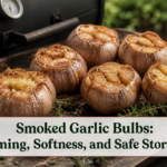 Whole smoked garlic bulbs with golden soft cloves on a rustic tray beside a smoker