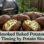 Crisp-skinned smoked baked potatoes split open with fluffy centers and simple toppings beside a smoker