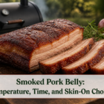 Sliced fully cooked smoked pork belly with rendered layers and browned edges on a rustic board beside a smoker