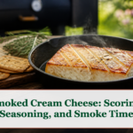 Scored smoked cream cheese in a small cast-iron pan with crackers and a light golden smoke crust