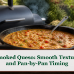 Smooth smoked queso in a wide dark skillet with visible peppers and a serving spoon