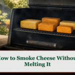 Firm cheese blocks on a wire rack inside a cool smoker with a separate smoke source and no melting